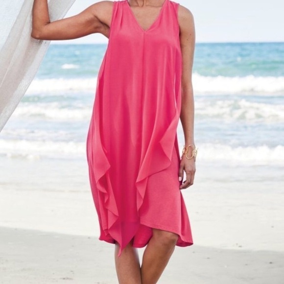 Soft Surroundings Amalfi Lipstick Pink Sleeveless V-neck Pullover Midi Dress - Picture 3 of 16
